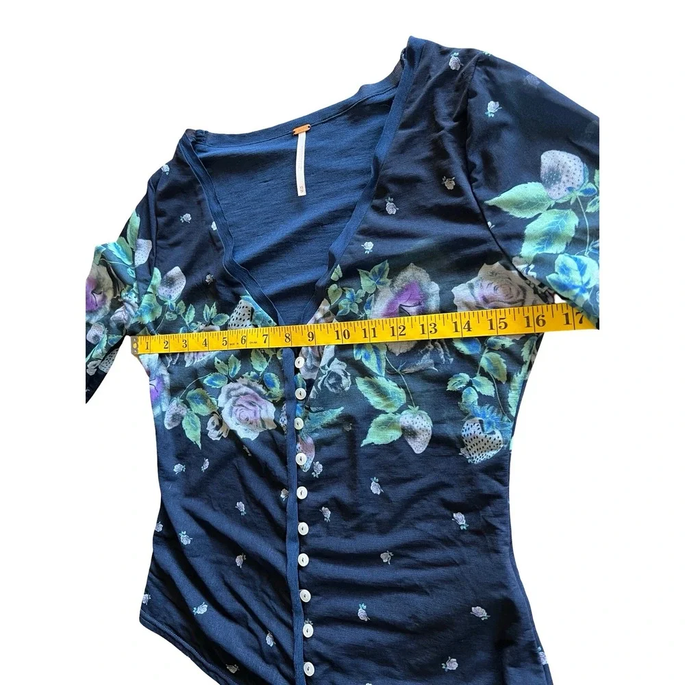 Free People Navy Home Grown Cardi Floral Strawberry Mesh Button-Front XS Top